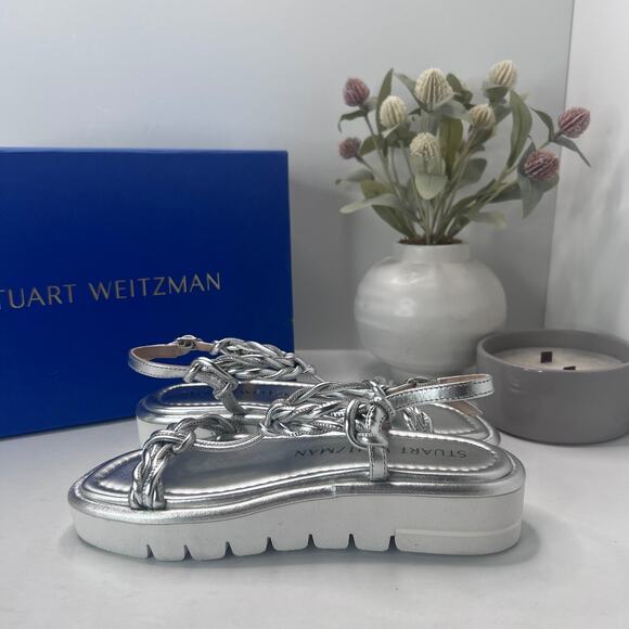 Stuart Weitzman Calypso Square Toe Sandals Metallic Silver S4563 Women 5B NWB - Picture 7 of 11